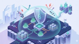 Современная иллюстрация системы безопасности корпоративного DNS для защиты припаркованных доменов в стиле enterprise